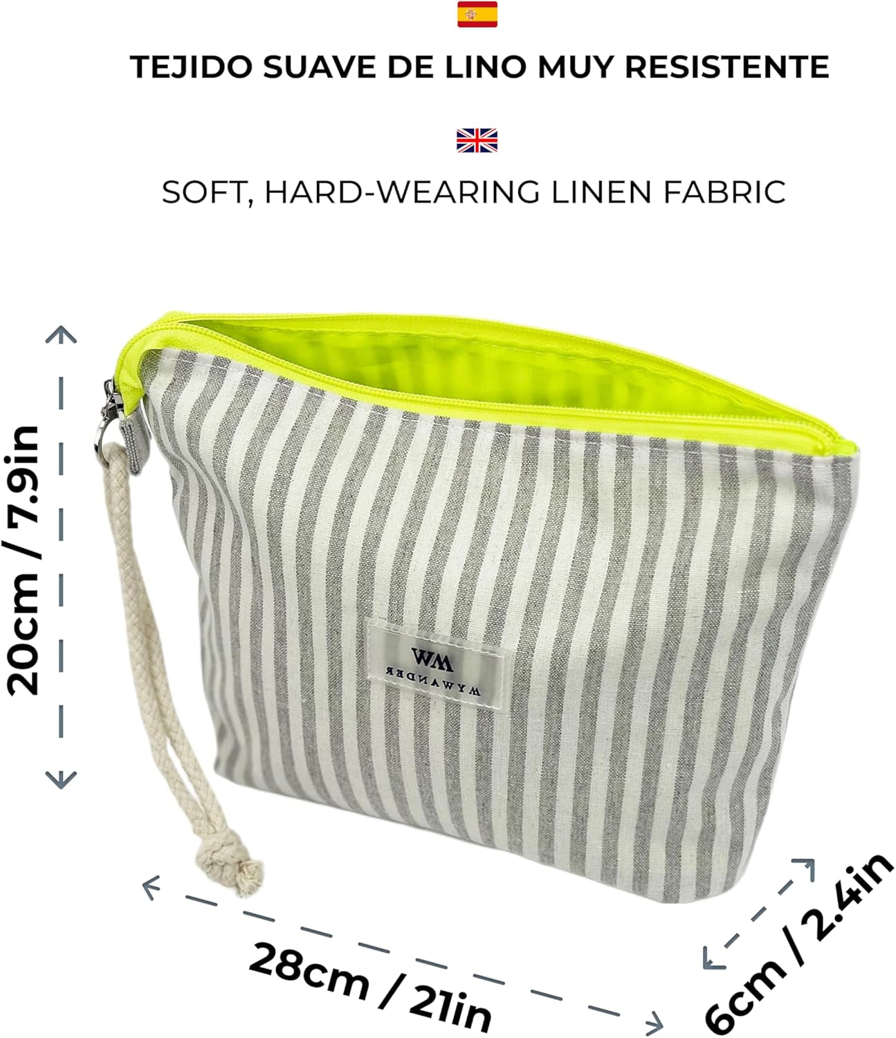 Neceser Mujer De Tela Algodón Y Lino | Estampado Grey Stripes | Maquillaje Y Viaje | Bolsa De Aseo Plegable Con Cremallera Fluorescente | Cordón De Mano | 20X28X6Cm