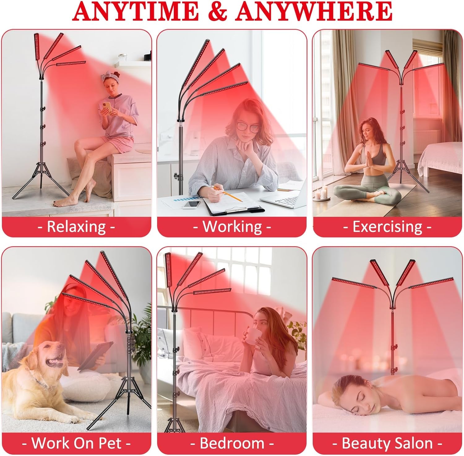 Lampara de terapia luz roja para dolores 4 Heads, 3-In-1 Chip Infrared Light Therapy Device, Adjustable Stand, 660Nm Red Light and 850Nm near Infrared Light for Face, Body, Pain,Skin, Home Use