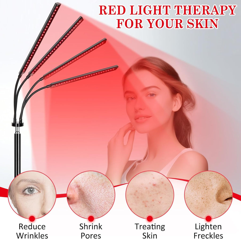 Lampara de terapia luz roja para dolores 4 Heads, 3-In-1 Chip Infrared Light Therapy Device, Adjustable Stand, 660Nm Red Light and 850Nm near Infrared Light for Face, Body, Pain,Skin, Home Use