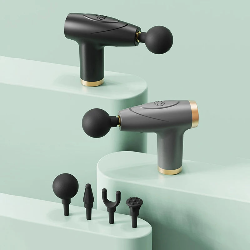 Mini pistola de masaje fascial negra de 4 cabezales, multietapa, equipo de masaje para relajación muscular, masajeador vibratorio portátil.