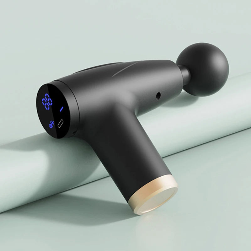 Mini pistola de masaje fascial negra de 4 cabezales, multietapa, equipo de masaje para relajación muscular, masajeador vibratorio portátil.