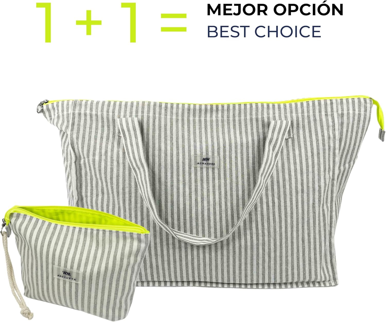 Neceser Mujer De Tela Algodón Y Lino | Estampado Grey Stripes | Maquillaje Y Viaje | Bolsa De Aseo Plegable Con Cremallera Fluorescente | Cordón De Mano | 20X28X6Cm