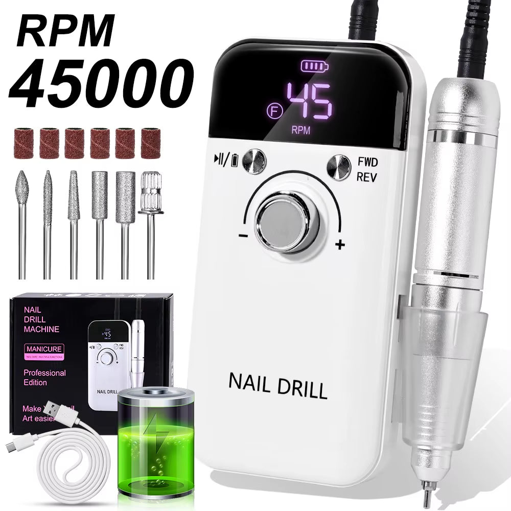 Taladro de uñas eléctrico profesional de 45000 RPM, pulidor recargable con pantalla LCD, adecuado para lima de uñas de gel, herramienta de manicura