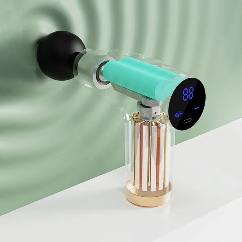 Mini pistola de masaje fascial negra de 4 cabezales, multietapa, equipo de masaje para relajación muscular, masajeador vibratorio portátil.