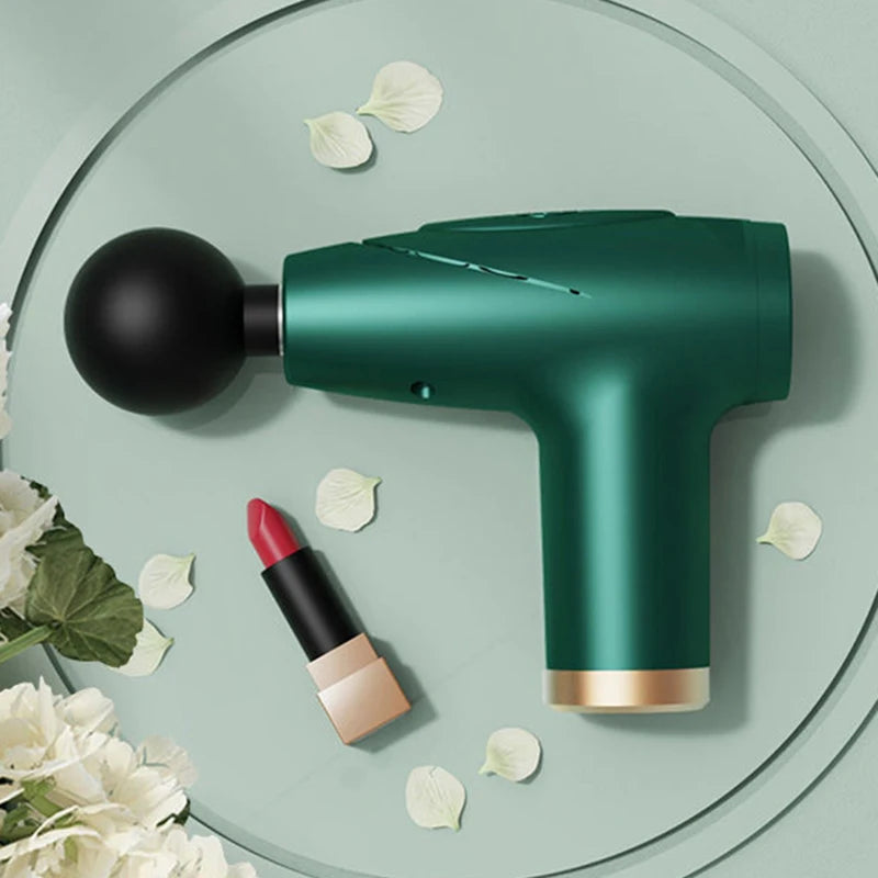 Mini pistola de masaje fascial negra de 4 cabezales, multietapa, equipo de masaje para relajación muscular, masajeador vibratorio portátil.