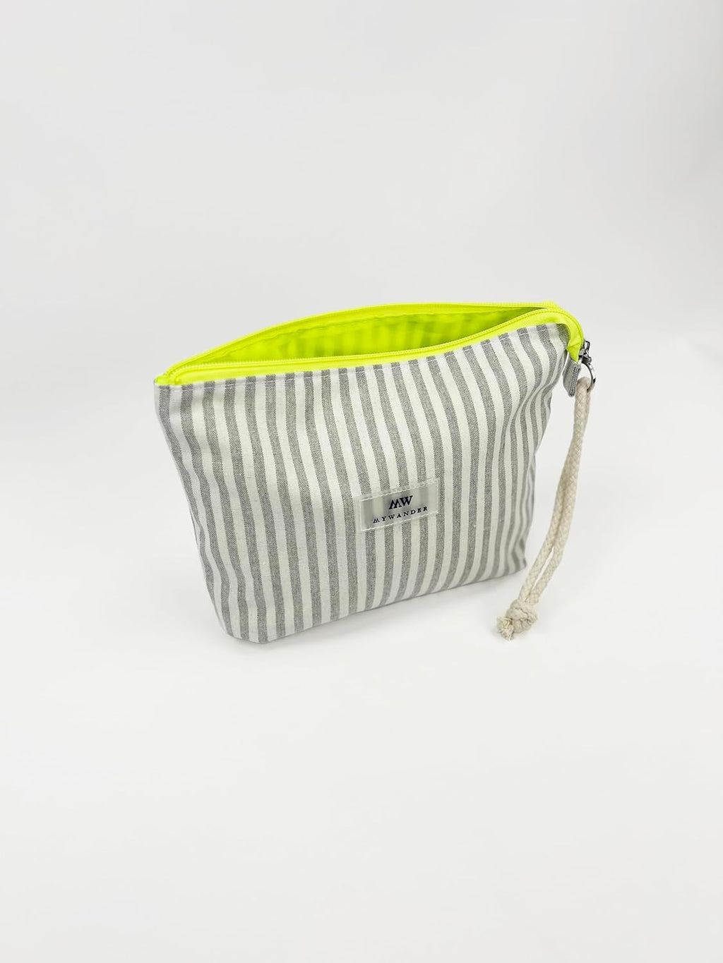 Neceser Mujer De Tela Algodón Y Lino | Estampado Grey Stripes | Maquillaje Y Viaje | Bolsa De Aseo Plegable Con Cremallera Fluorescente | Cordón De Mano | 20X28X6Cm