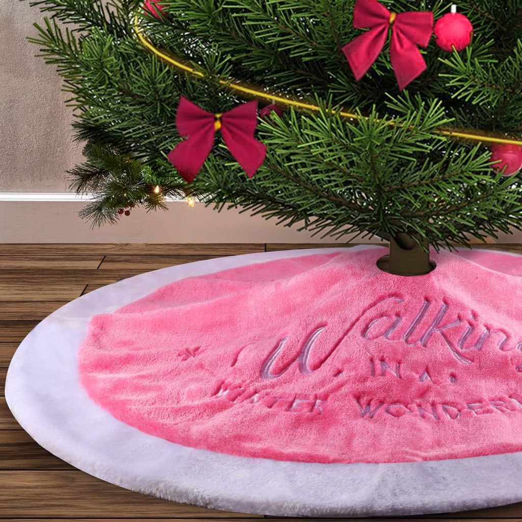 Falda para árbol de Navidad rosa, 91 cm, de piel sintética, para decoración navideña rosa, ideal para el hogar