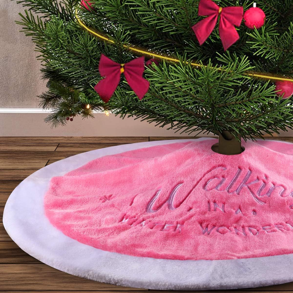 Falda para árbol de Navidad rosa, 91 cm, de piel sintética, para decoración navideña rosa, ideal para el hogar