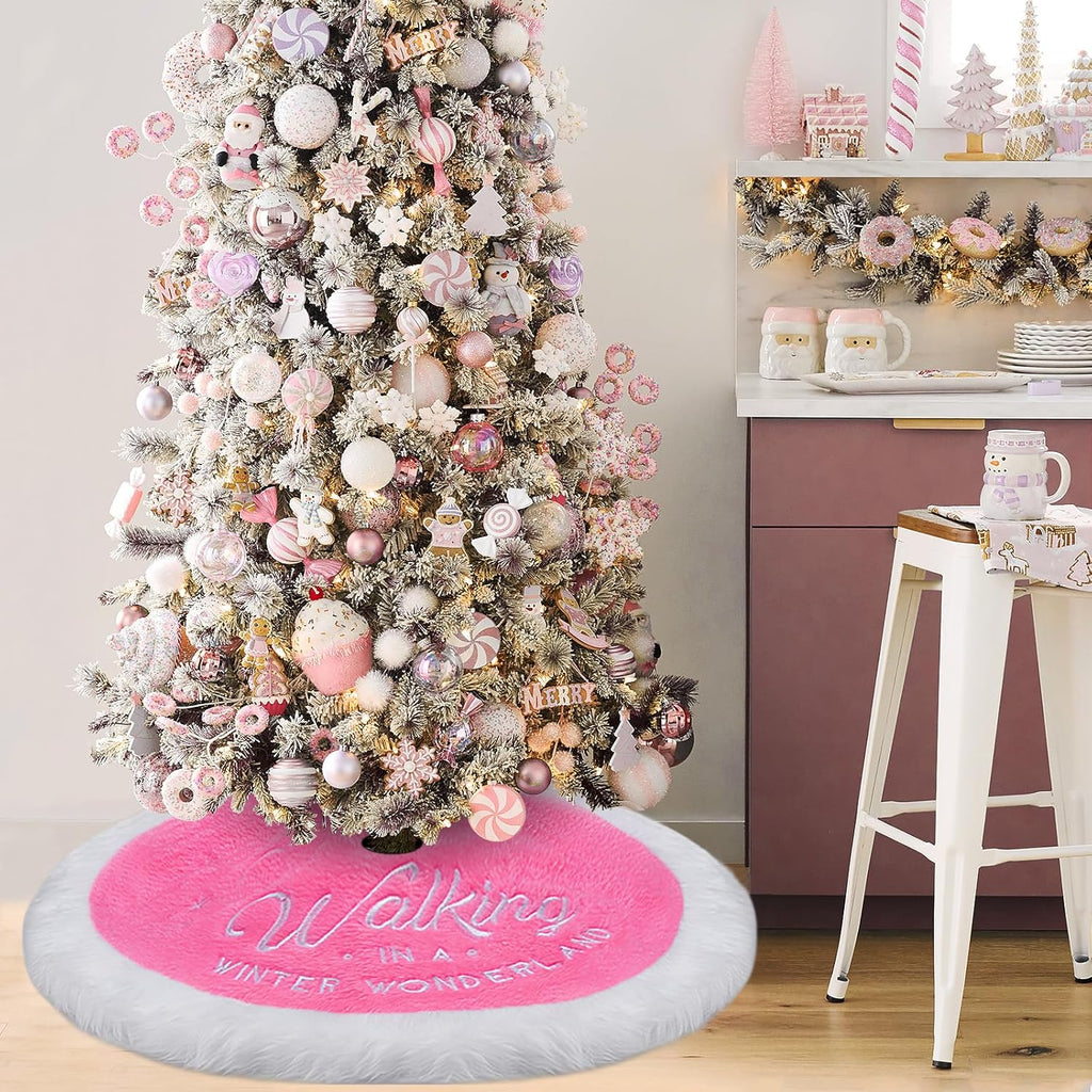 Falda para árbol de Navidad rosa, 91 cm, de piel sintética, para decoración navideña rosa, ideal para el hogar