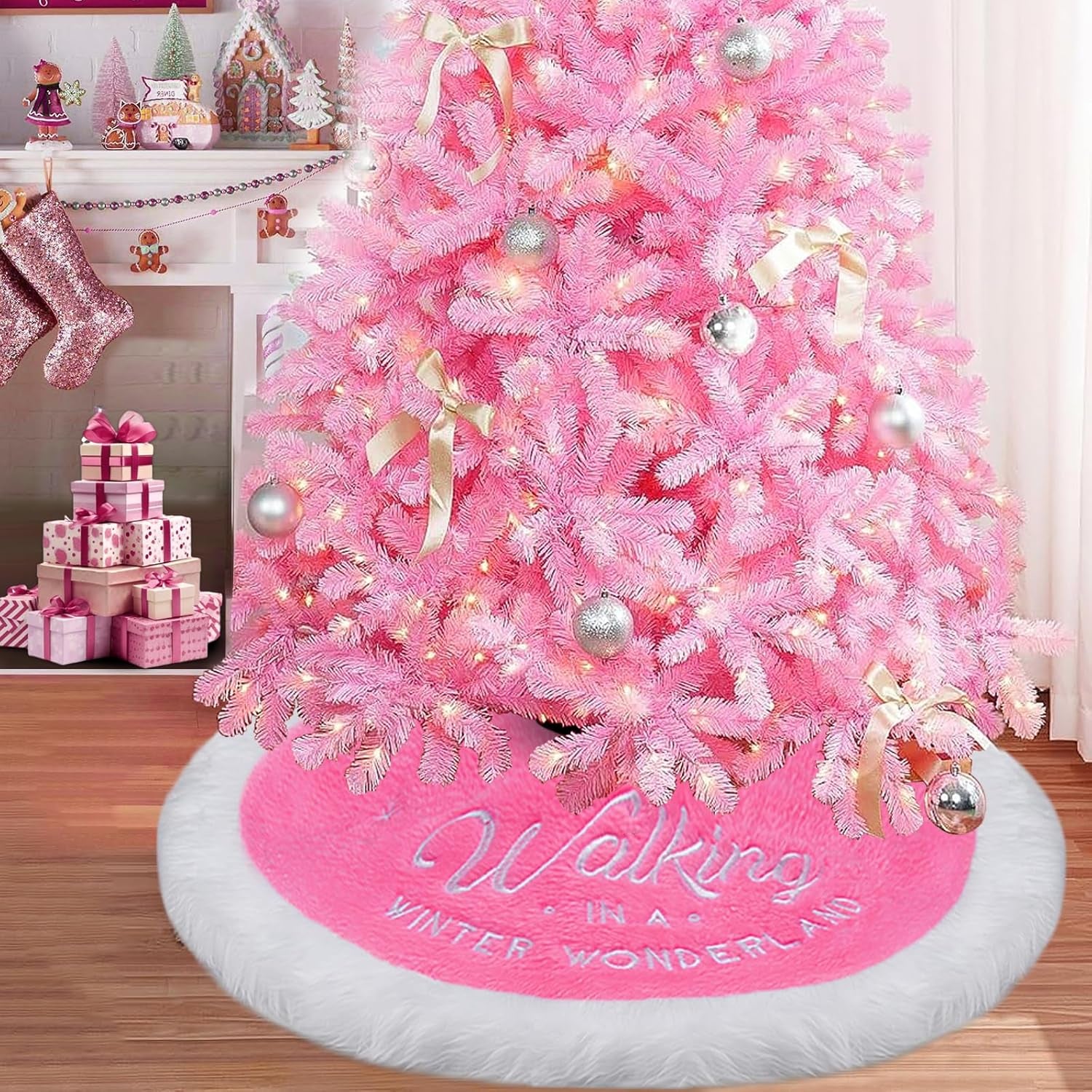Falda para árbol de Navidad rosa, 91 cm, de piel sintética, para decoración navideña rosa, ideal para el hogar
