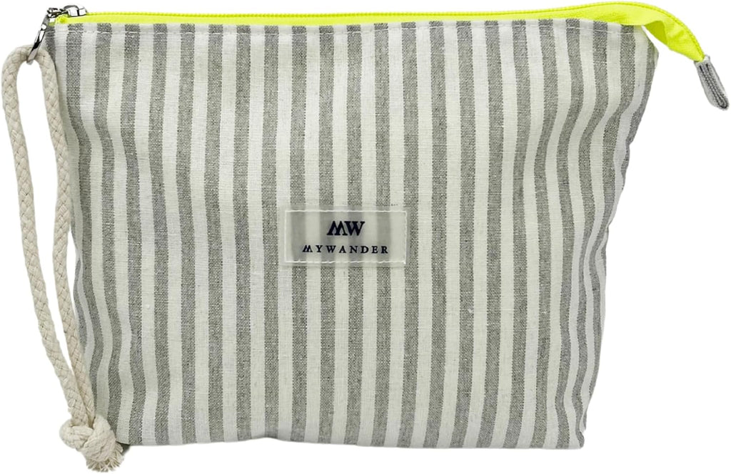 Neceser Mujer De Tela Algodón Y Lino | Estampado Grey Stripes | Maquillaje Y Viaje | Bolsa De Aseo Plegable Con Cremallera Fluorescente | Cordón De Mano | 20X28X6Cm