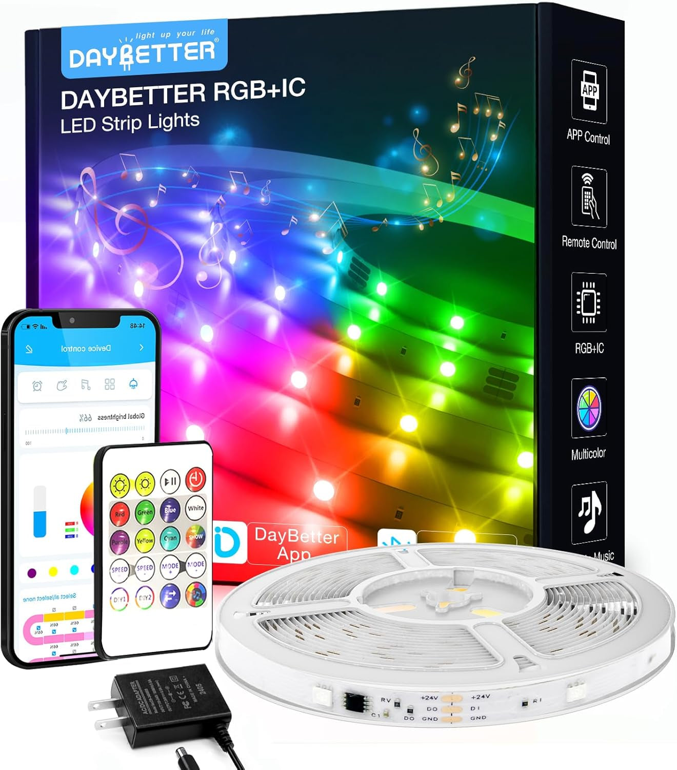   foto del producto Luces LED BGRIC para dormitorio, luces LED RGB de 16.4 pies con aplicación Bluetooth y control remoto, tira de luces LED 5050 que cambian de color de 24 V, sincroniza