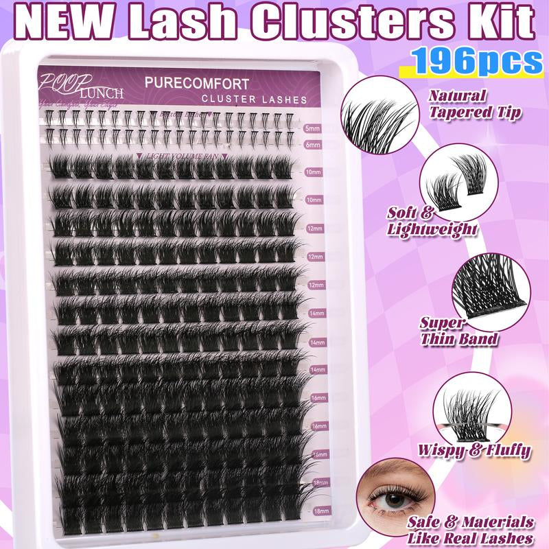 Beginner Friendly Eyelashes Wispy Volume Lashes Clusters Kit Dramatic Makeup Eyelashes Extension Kit , Cosmetic Individual Lashes Kit with Lash Bond and Seal Makeup