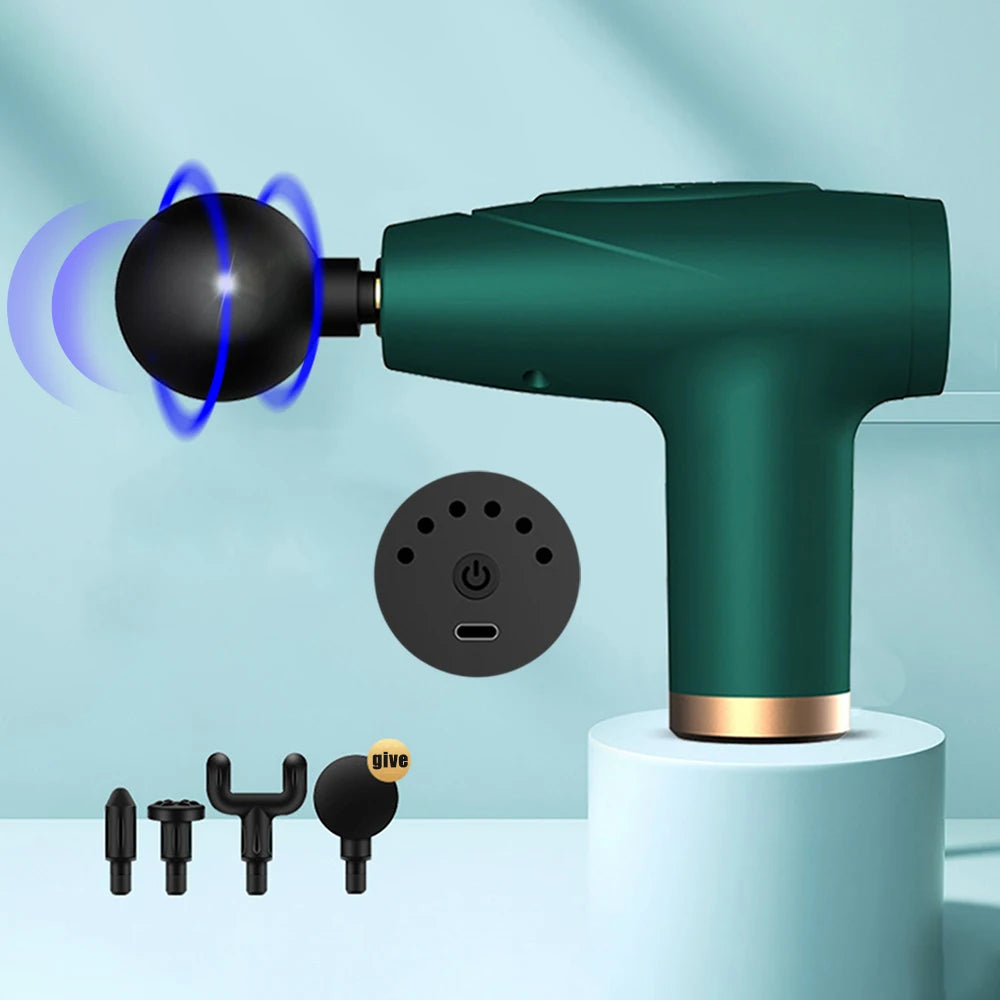 Mini pistola de masaje fascial negra de 4 cabezales, multietapa, equipo de masaje para relajación muscular, masajeador vibratorio portátil.