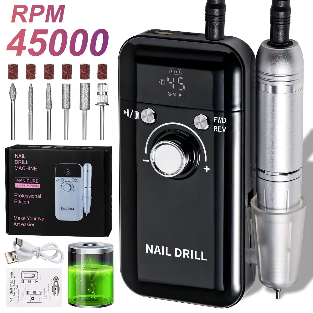 Taladro de uñas eléctrico profesional de 45000 RPM, pulidor recargable con pantalla LCD, adecuado para lima de uñas de gel, herramienta de manicura