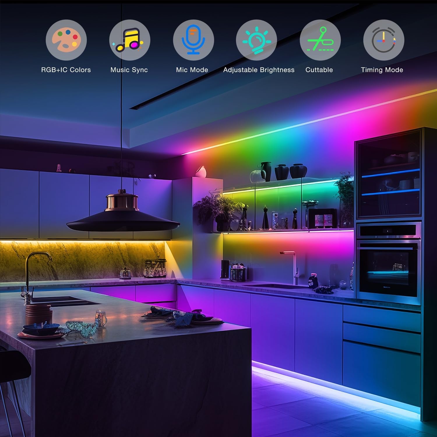   foto del producto Luces LED BGRIC para dormitorio, luces LED RGB de 16.4 pies con aplicación Bluetooth y control remoto, tira de luces LED 5050 que cambian de color de 24 V, sincroniza