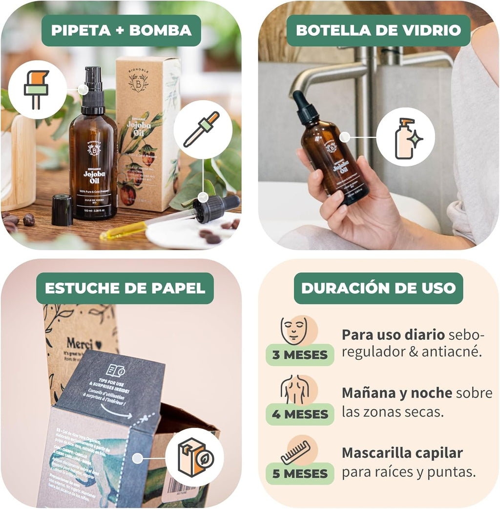 BIONOBLE Aceite De Jojoba 100 Puro Y Natural, Orgánico, Prensado En Frío - Equilibra El Sebo, anti Imperfecciones - Aceite Pelo, Piel, Uñas - Organic Jojoba Oil - Botella Vidrio, Bomba, Pipeta - 100Ml