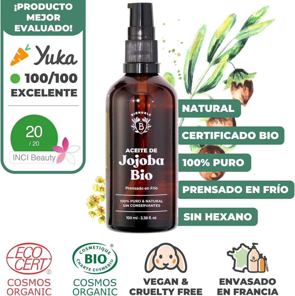 BIONOBLE Aceite De Jojoba 100 Puro Y Natural, Orgánico, Prensado En Frío - Equilibra El Sebo, anti Imperfecciones - Aceite Pelo, Piel, Uñas - Organic Jojoba Oil - Botella Vidrio, Bomba, Pipeta - 100Ml