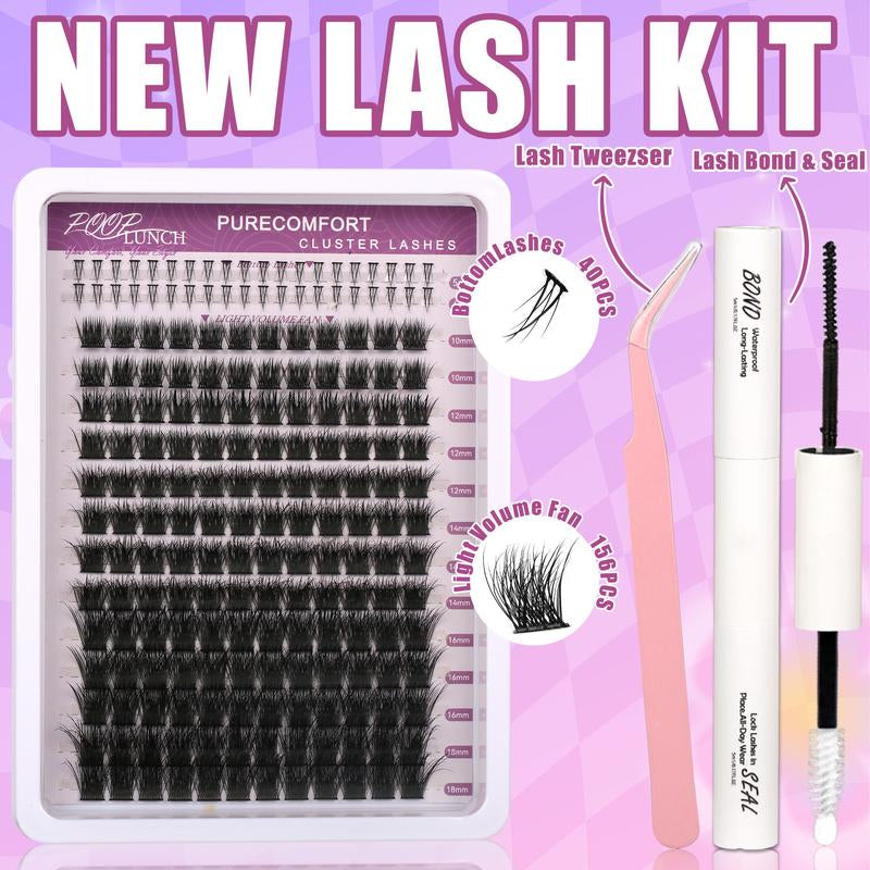 Beginner Friendly Eyelashes Wispy Volume Lashes Clusters Kit Dramatic Makeup Eyelashes Extension Kit , Cosmetic Individual Lashes Kit with Lash Bond and Seal Makeup