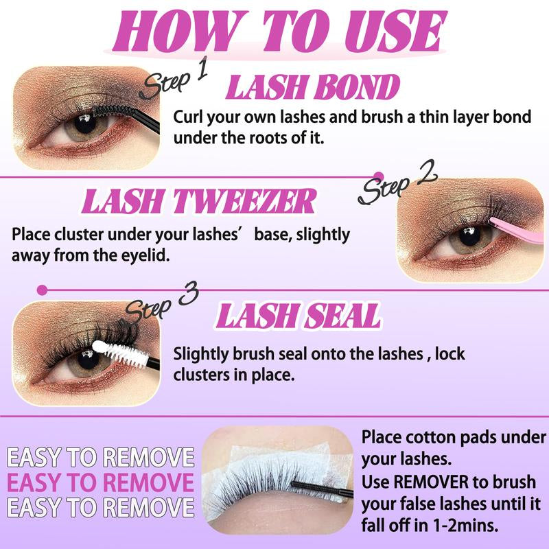 Beginner Friendly Eyelashes Wispy Volume Lashes Clusters Kit Dramatic Makeup Eyelashes Extension Kit , Cosmetic Individual Lashes Kit with Lash Bond and Seal Makeup