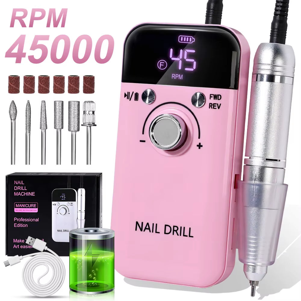 Taladro de uñas eléctrico profesional de 45000 RPM, pulidor recargable con pantalla LCD, adecuado para lima de uñas de gel, herramienta de manicura
