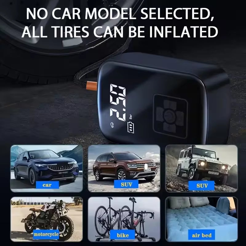 LEIBOO - Compresor de aire inalámbrico para coche, bomba de aire eléctrica para inflar neumáticos de motocicleta, bicicleta y coche con pantalla digit