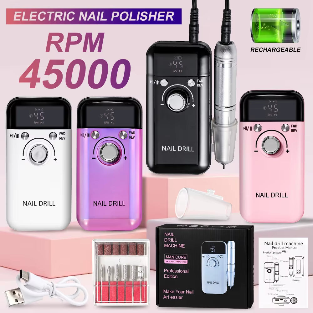 Taladro de uñas eléctrico profesional de 45000 RPM, pulidor recargable con pantalla LCD, adecuado para lima de uñas de gel, herramienta de manicura