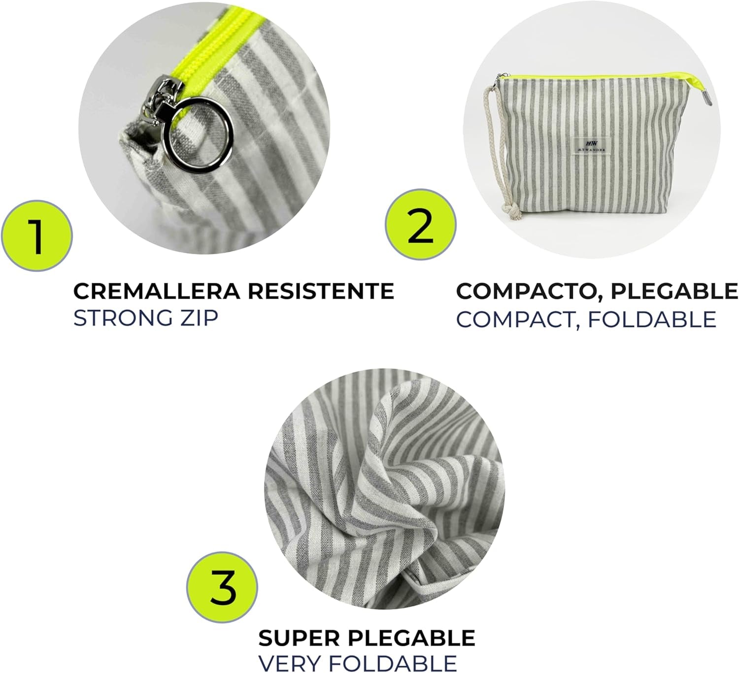 Neceser Mujer De Tela Algodón Y Lino | Estampado Grey Stripes | Maquillaje Y Viaje | Bolsa De Aseo Plegable Con Cremallera Fluorescente | Cordón De Mano | 20X28X6Cm