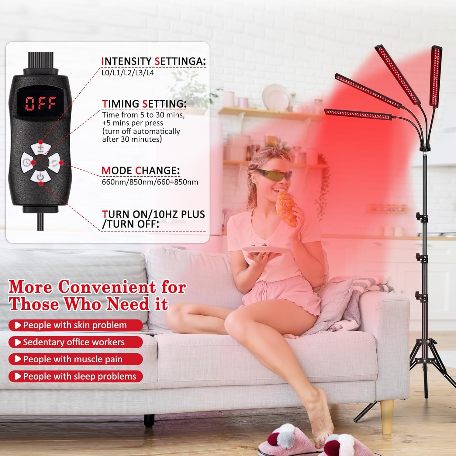 Lampara de terapia luz roja para dolores 4 Heads, 3-In-1 Chip Infrared Light Therapy Device, Adjustable Stand, 660Nm Red Light and 850Nm near Infrared Light for Face, Body, Pain,Skin, Home Use