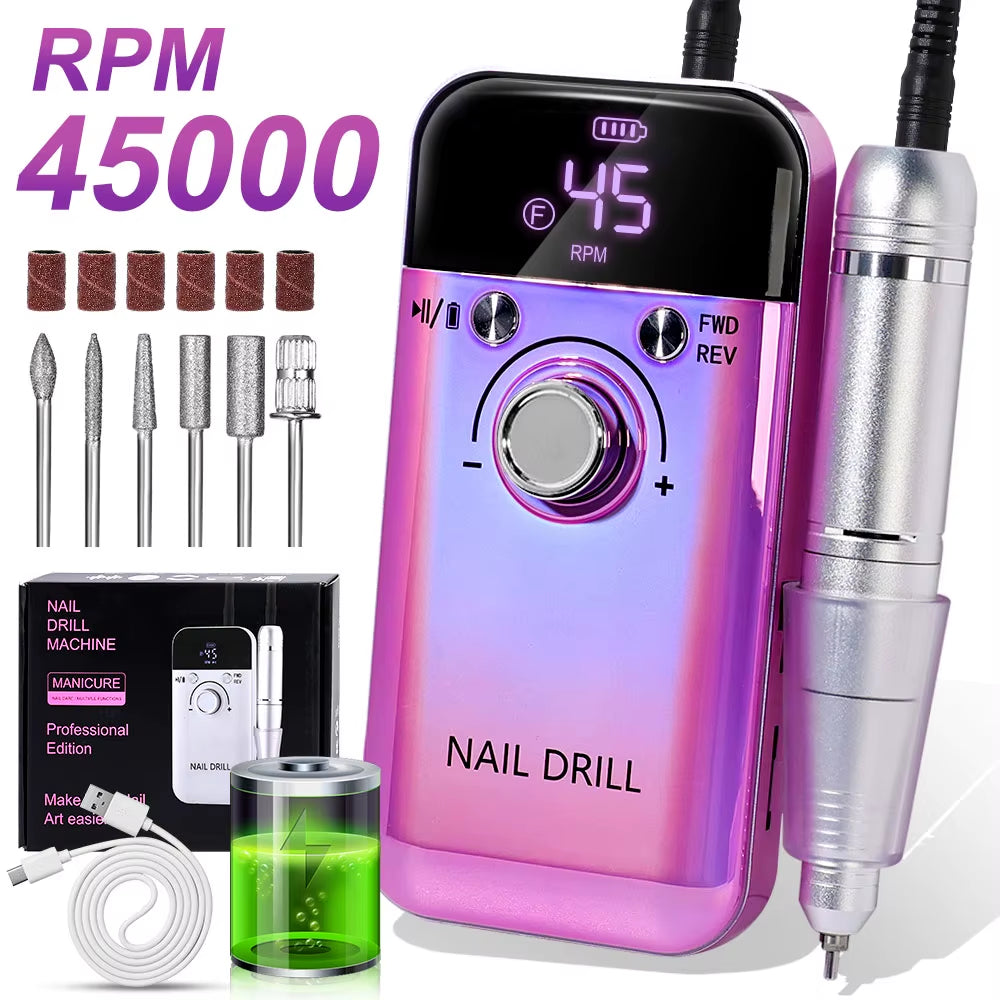 Taladro de uñas eléctrico profesional de 45000 RPM, pulidor recargable con pantalla LCD, adecuado para lima de uñas de gel, herramienta de manicura