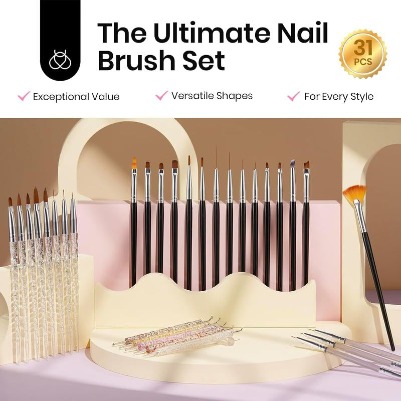 Beetles 31Pcs Nail Art Brushes, Nail Dotting Tools, Nail Drawing Pens, Nail Dust Brush, Striping Nail Art Liner Brushes, Nail Art Pens with Nail Brush Holder All in One for Starter Nail Art Design