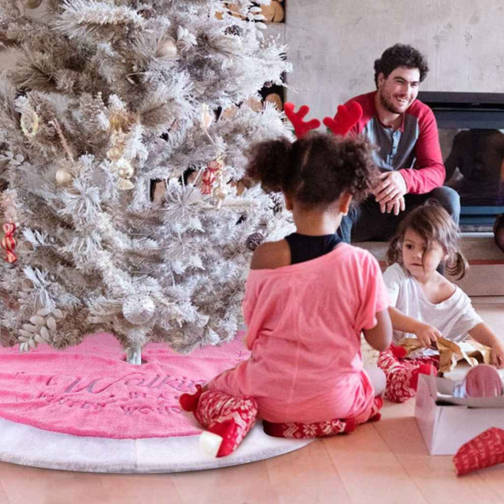 Falda para árbol de Navidad rosa, 91 cm, de piel sintética, para decoración navideña rosa, ideal para el hogar