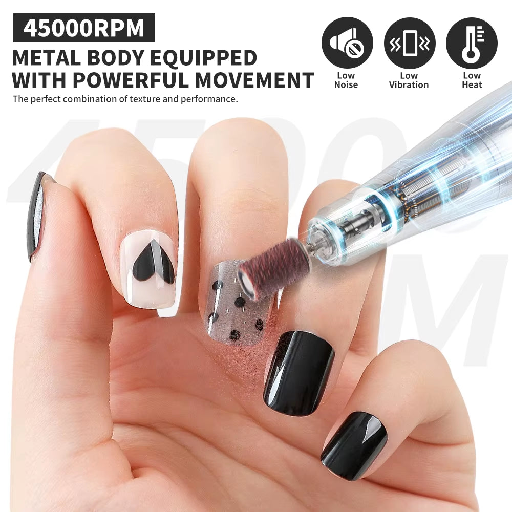 Taladro de uñas eléctrico profesional de 45000 RPM, pulidor recargable con pantalla LCD, adecuado para lima de uñas de gel, herramienta de manicura